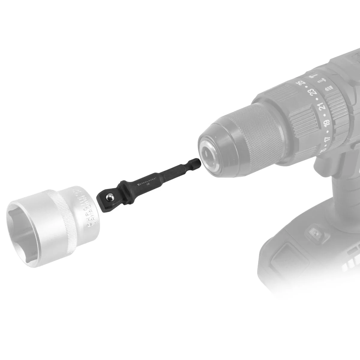 STAHLWERK 3-teiliges Steckschlüssel-Adapter-Set aus Chrom-Molybdän mit Kugel-Arretierung geeignet für Akku-Schrauber und Bohrmaschinen - Image 2