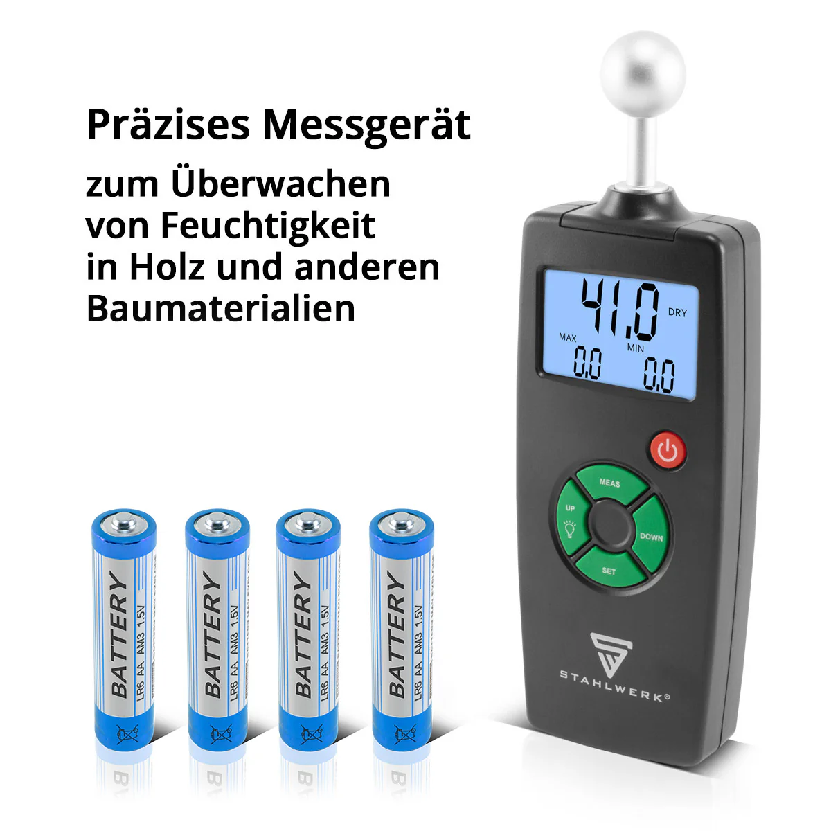 STAHLWERK FM-100 ST Profi Feuchtigkeitsmessgerät mit 40 mm Messtiefe und Kugelkopf, präziser Feuchtigkeitsmesser / Feuchtemesser für Wände, Holz, Putz, Gips und Zement - Image 5