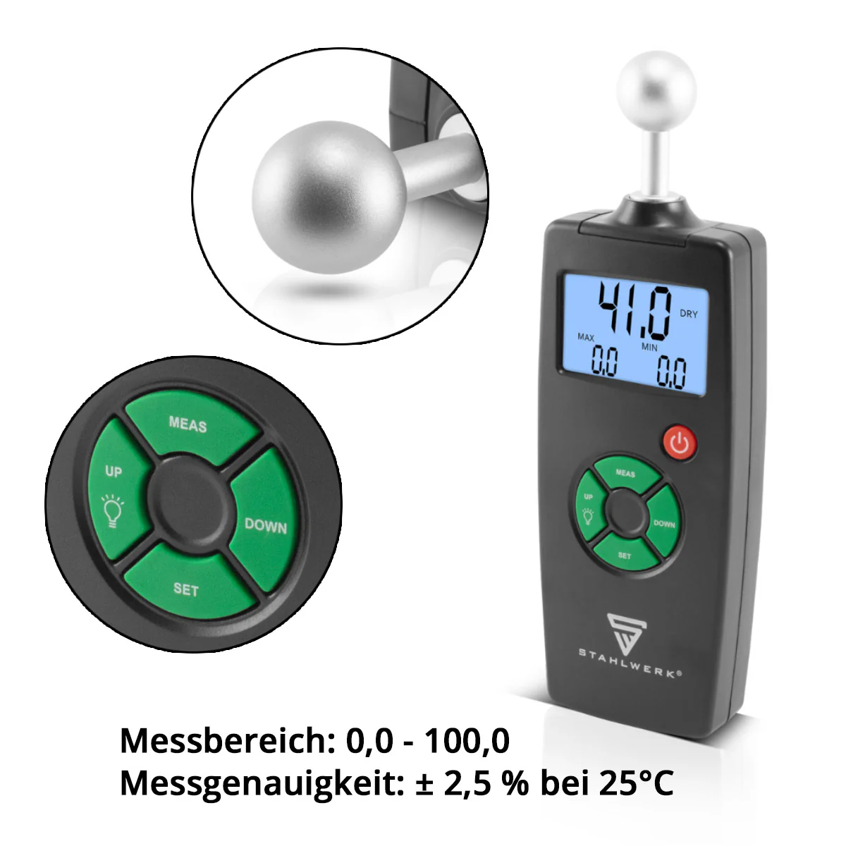STAHLWERK FM-100 ST Profi Feuchtigkeitsmessgerät mit 40 mm Messtiefe und Kugelkopf, präziser Feuchtigkeitsmesser / Feuchtemesser für Wände, Holz, Putz, Gips und Zement - Image 7