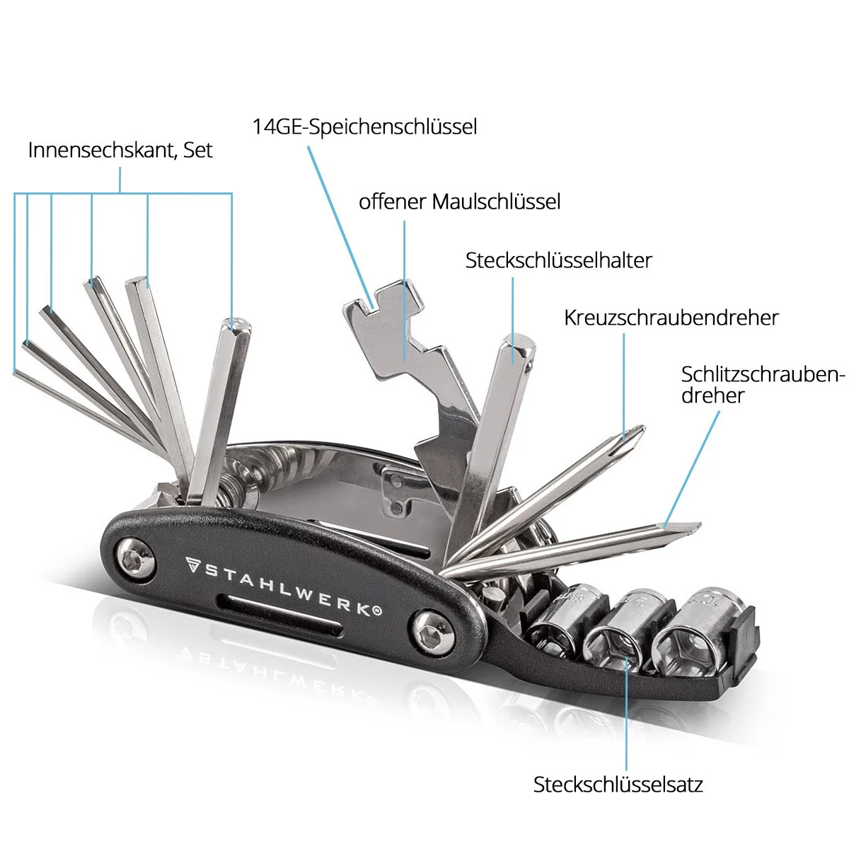STAHLWERK Multitool / Multifunktionswerkzeug / 16 in 1 Fahrrad Reparaturwerkzeug / Radwerkzeug für unterwegs - Image 4