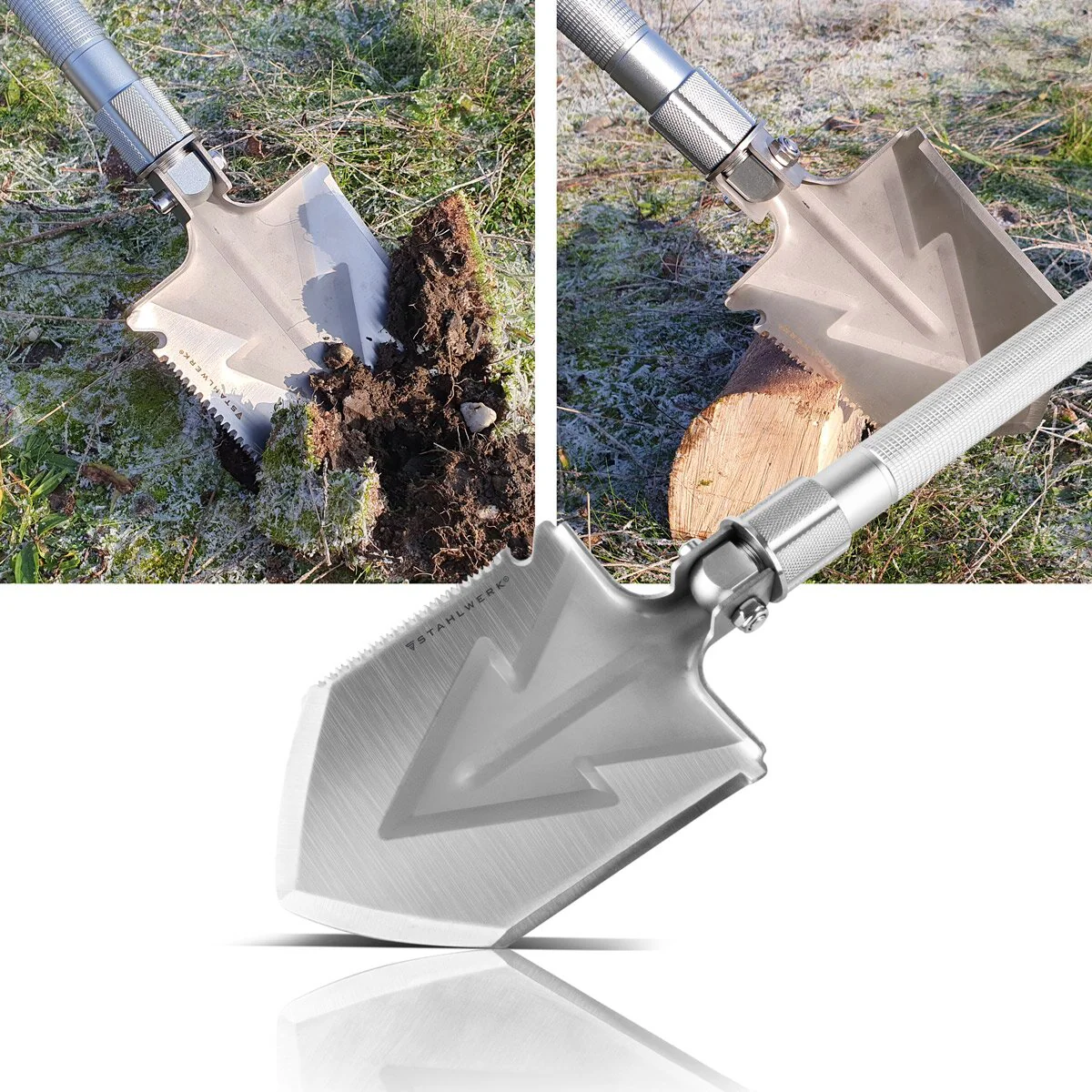 STAHLWERK Multitool / Multifunktionswerkzeug / Outdoor Survival Kit mit Klappspaten, Multifunktions-Messer, Säge, Notfallhammer und Signalpfeife mit Feuerstahl - Image 11
