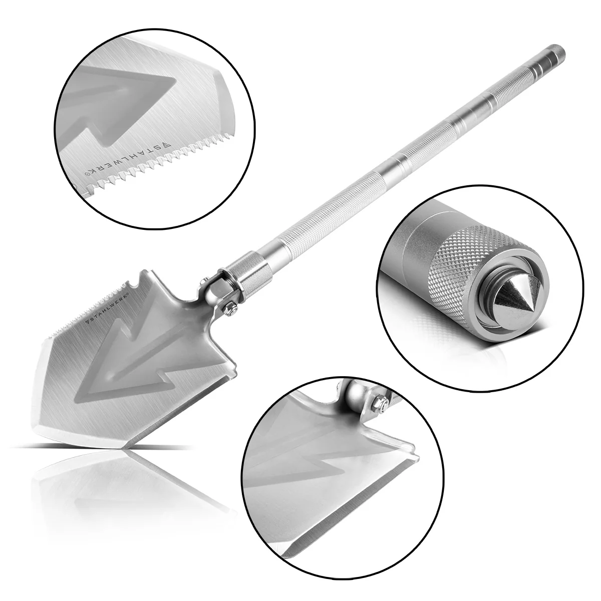 STAHLWERK Multitool / Multifunktionswerkzeug / Outdoor Survival Kit mit Klappspaten, Multifunktions-Messer, Säge, Notfallhammer und Signalpfeife mit Feuerstahl - Image 5