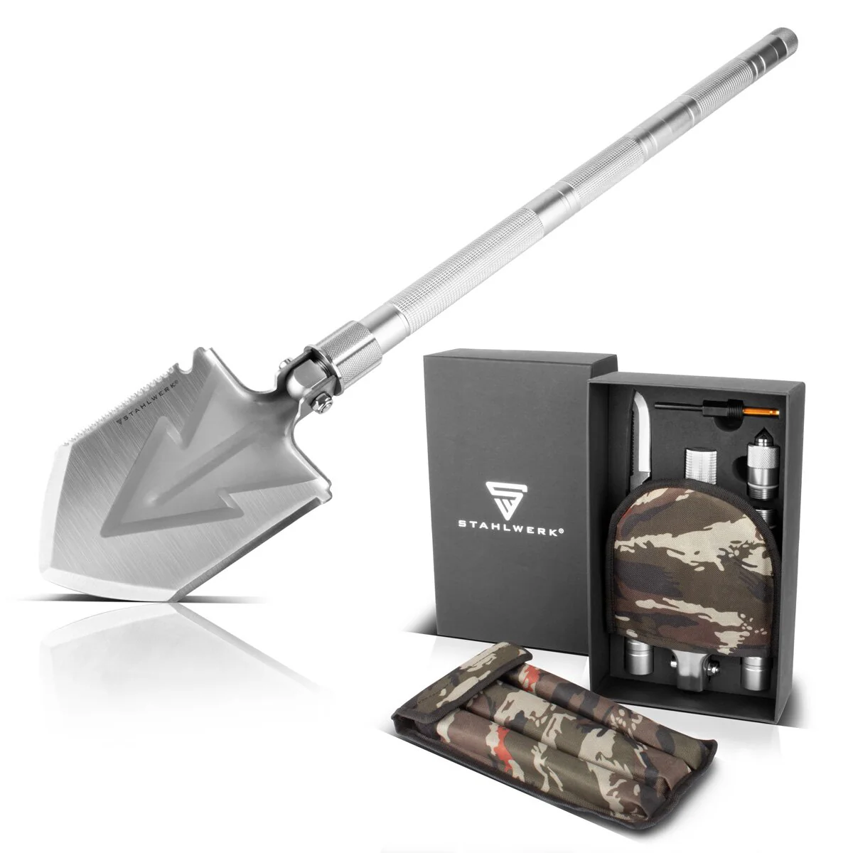STAHLWERK Multitool / Multifunktionswerkzeug / Outdoor Survival Kit mit Klappspaten, Multifunktions-Messer, Säge, Notfallhammer und Signalpfeife mit Feuerstahl - Image 6
