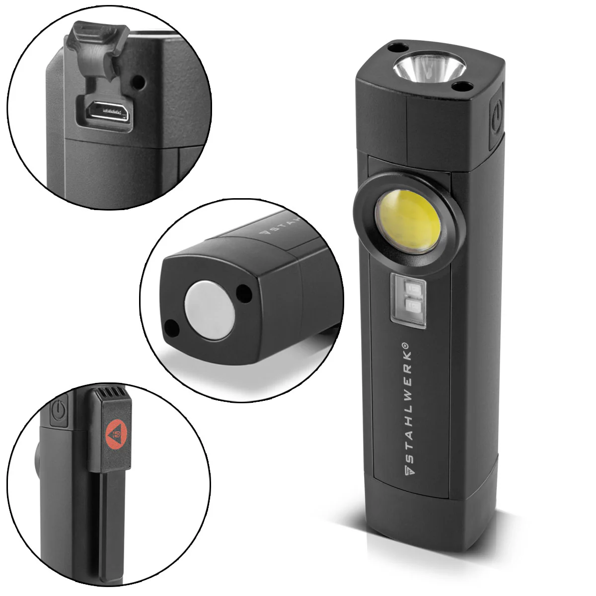 STAHLWERK LED Arbeitsleuchte AL-3 ST Leistungsstarke 5 Watt Taschenlampe / Werkstattlampe mit 4 Leucht-Modi inklusive UV-Licht, integriertem Akku, Magnet und USB-Anschluss