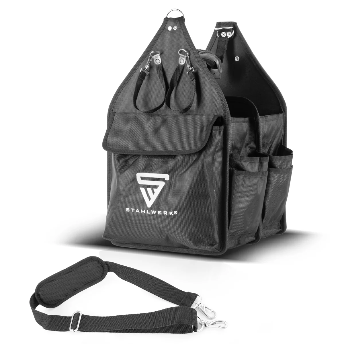 STAHLWERK Werkzeugtasche mit 11 Außentaschen und 2 großen Innenfächern mit jeweils 5 Innentaschen, robuste Montagetasche / Werkzeugkoffer / Werkzeugbeutel mit Tragegriff und Schultergurt aus strapazierfähigem Polyester-Gewebe - Image 3