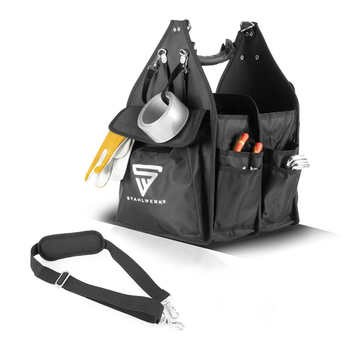 STAHLWERK Werkzeugtasche mit 11 Außentaschen und 2 großen Innenfächern mit jeweils 5 Innentaschen, robuste Montagetasche / Werkzeugkoffer / Werkzeugbeutel mit Tragegriff und Schultergurt aus strapazierfähigem Polyester-Gewebe - Image 7