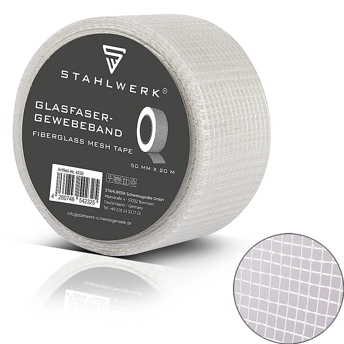 STAHLWERK Glasfaser-Gewebeband 20 m x 50 mm, selbstklebendes Trockenbau Fugenband / Fugendeckstreifen / Bewehrungsstreifen mit Gitternetzstruktur für Spachtelarbeiten
