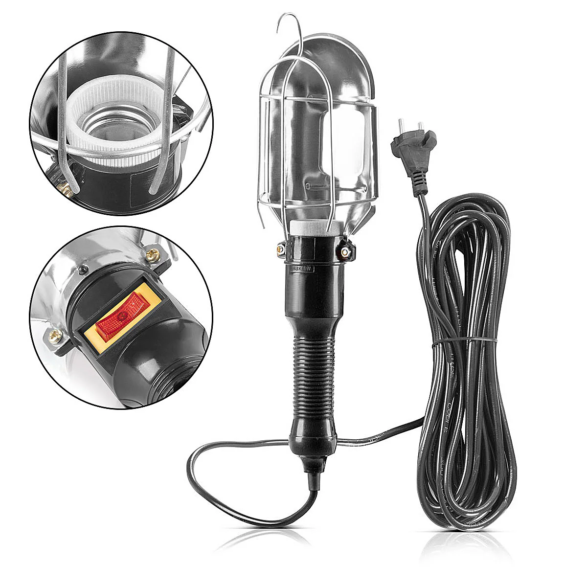 STAHLWERK Arbeitsleuchte mit E27-Fassung bis max. 60 W Werkstattleuchte mit 10 m Kabel, Hängehaken und gummiertem Handgriff, Bauleuchte | Arbeitslampe | Handleuchte für Reparaturen und Renovierungsarbeiten