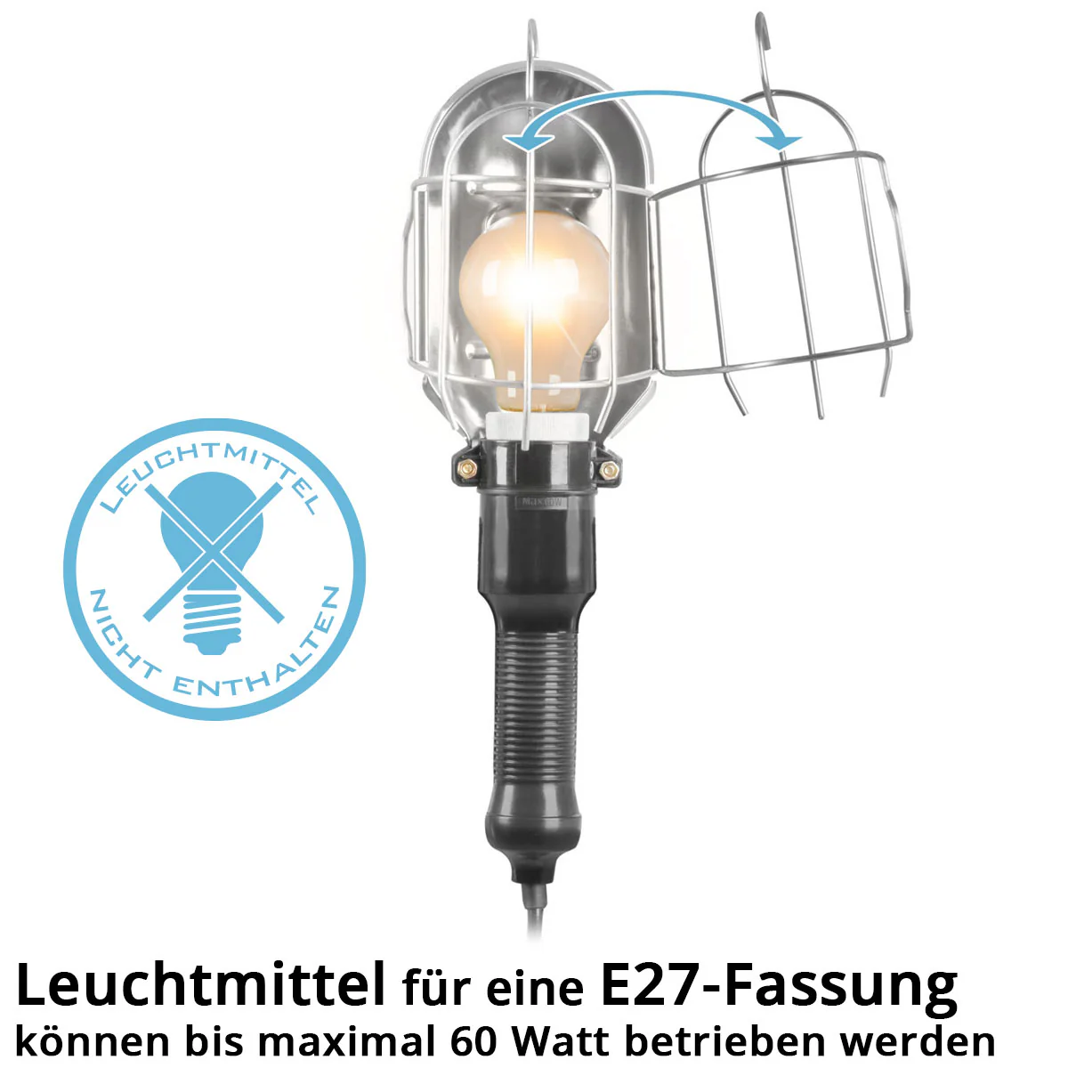 STAHLWERK Arbeitsleuchte mit E27-Fassung bis max. 60 W Werkstattleuchte mit 10 m Kabel, Hängehaken und gummiertem Handgriff, Bauleuchte | Arbeitslampe | Handleuchte für Reparaturen und Renovierungsarbeiten - Image 2