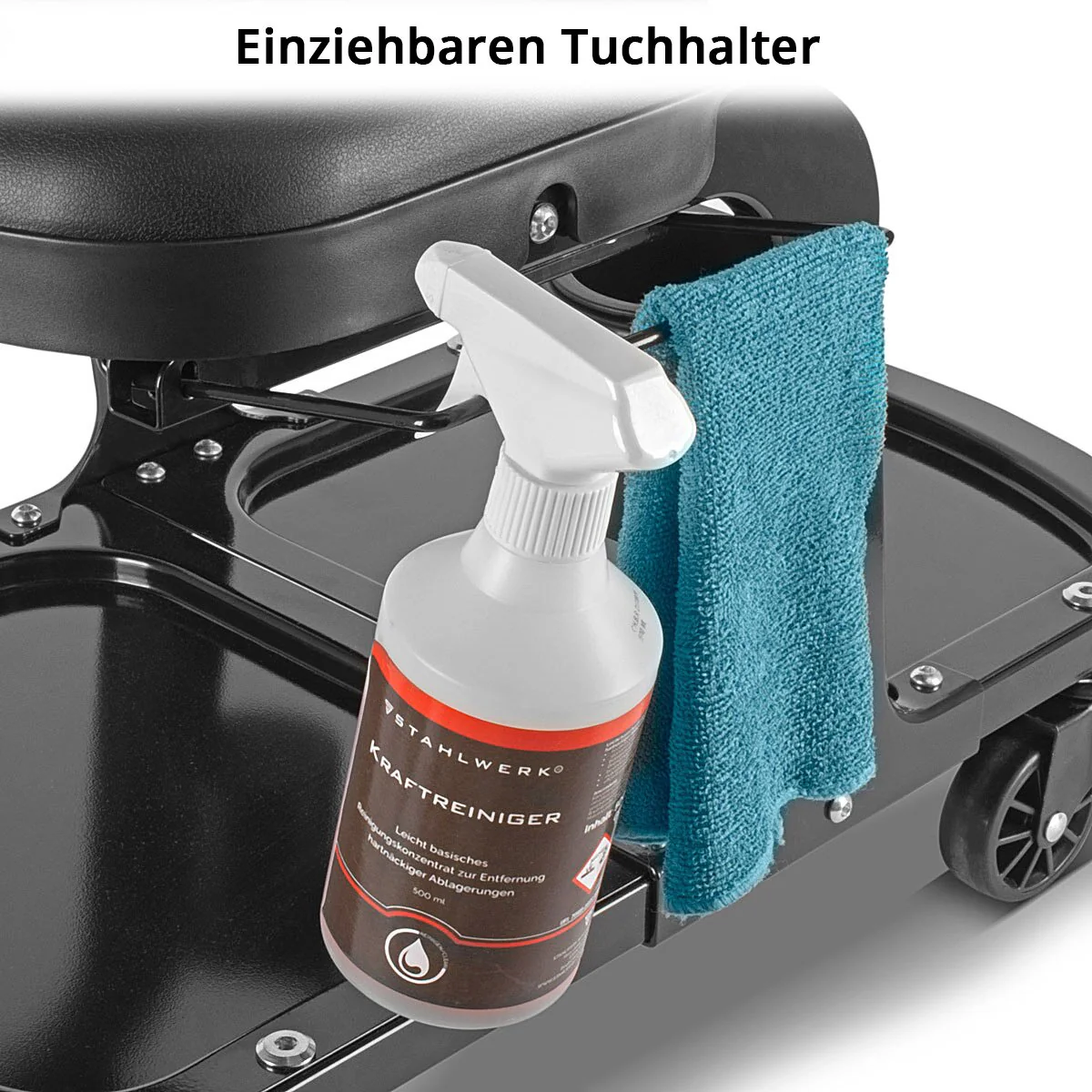 STAHLWERK Werkstatthocker WRS-135 ST bis 135 kg belastbar mit zwei Dosen- / Flaschenhaltern, Ablagemulden, Werkzeughalter und Tuchhalterung, Werkstattrollsitz / Rollsitz mit kugelgelagerten Leichtlauf-Lenkrollen - Image 10