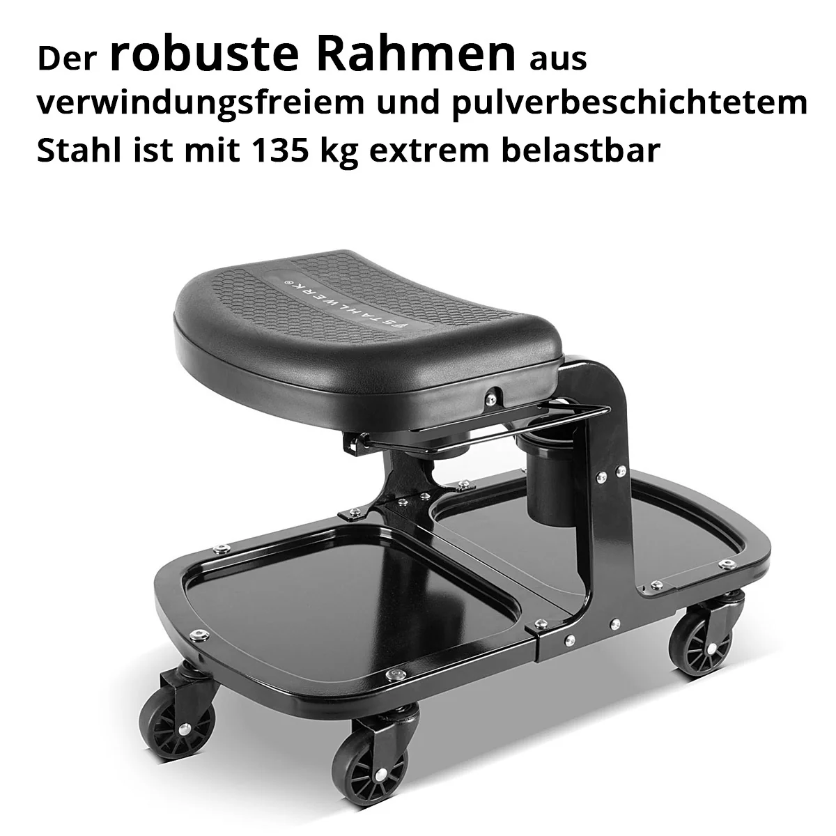 STAHLWERK Werkstatthocker WRS-135 ST bis 135 kg belastbar mit zwei Dosen- / Flaschenhaltern, Ablagemulden, Werkzeughalter und Tuchhalterung, Werkstattrollsitz / Rollsitz mit kugelgelagerten Leichtlauf-Lenkrollen - Image 5