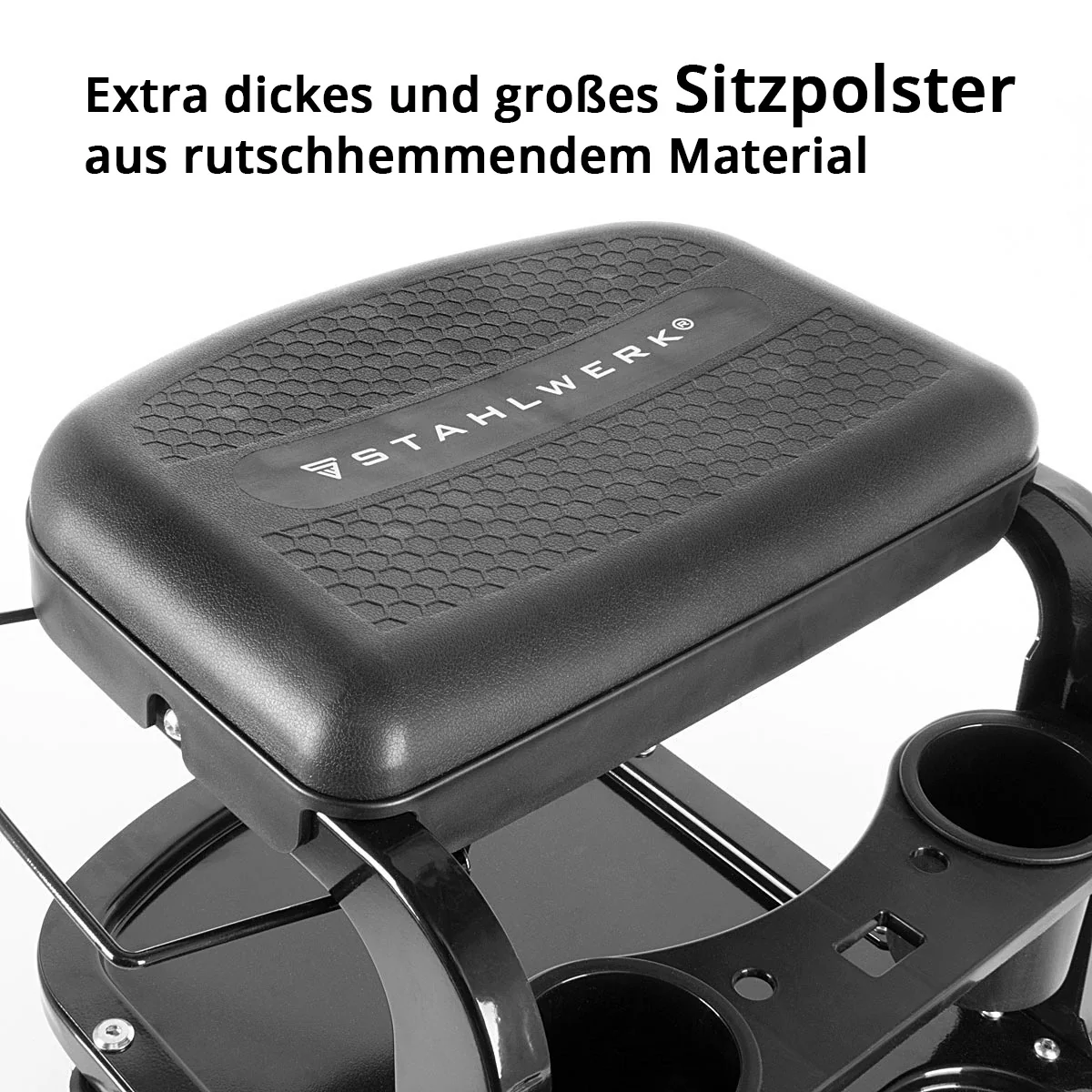 STAHLWERK Werkstatthocker WRS-135 ST bis 135 kg belastbar mit zwei Dosen- / Flaschenhaltern, Ablagemulden, Werkzeughalter und Tuchhalterung, Werkstattrollsitz / Rollsitz mit kugelgelagerten Leichtlauf-Lenkrollen - Image 6