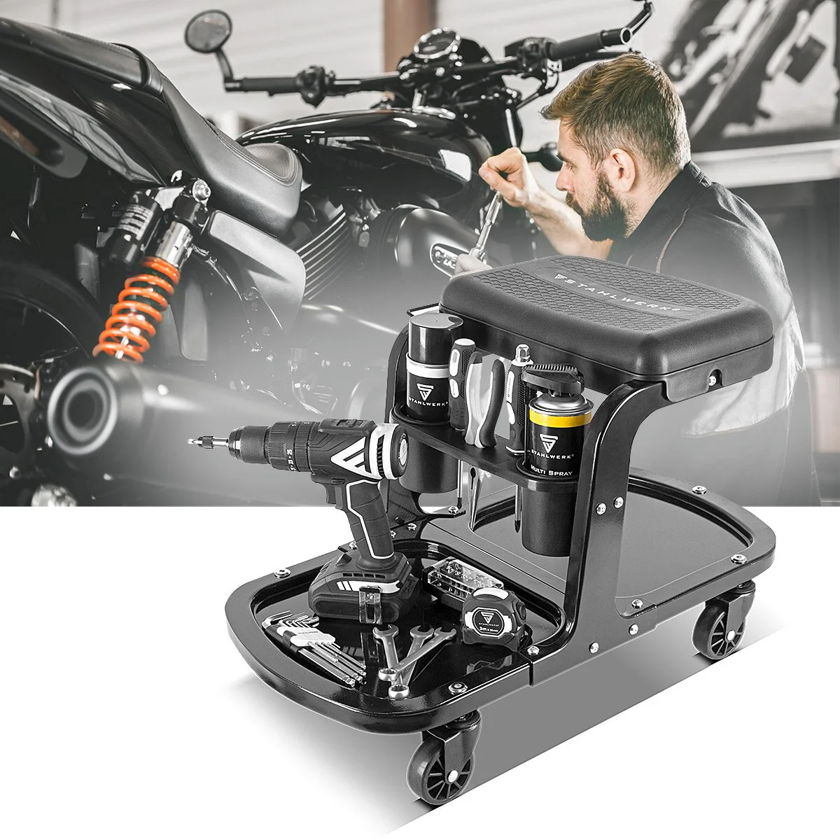 STAHLWERK Werkstatthocker WRS-135 ST bis 135 kg belastbar mit zwei Dosen- / Flaschenhaltern, Ablagemulden, Werkzeughalter und Tuchhalterung, Werkstattrollsitz / Rollsitz mit kugelgelagerten Leichtlauf-Lenkrollen - Image 7