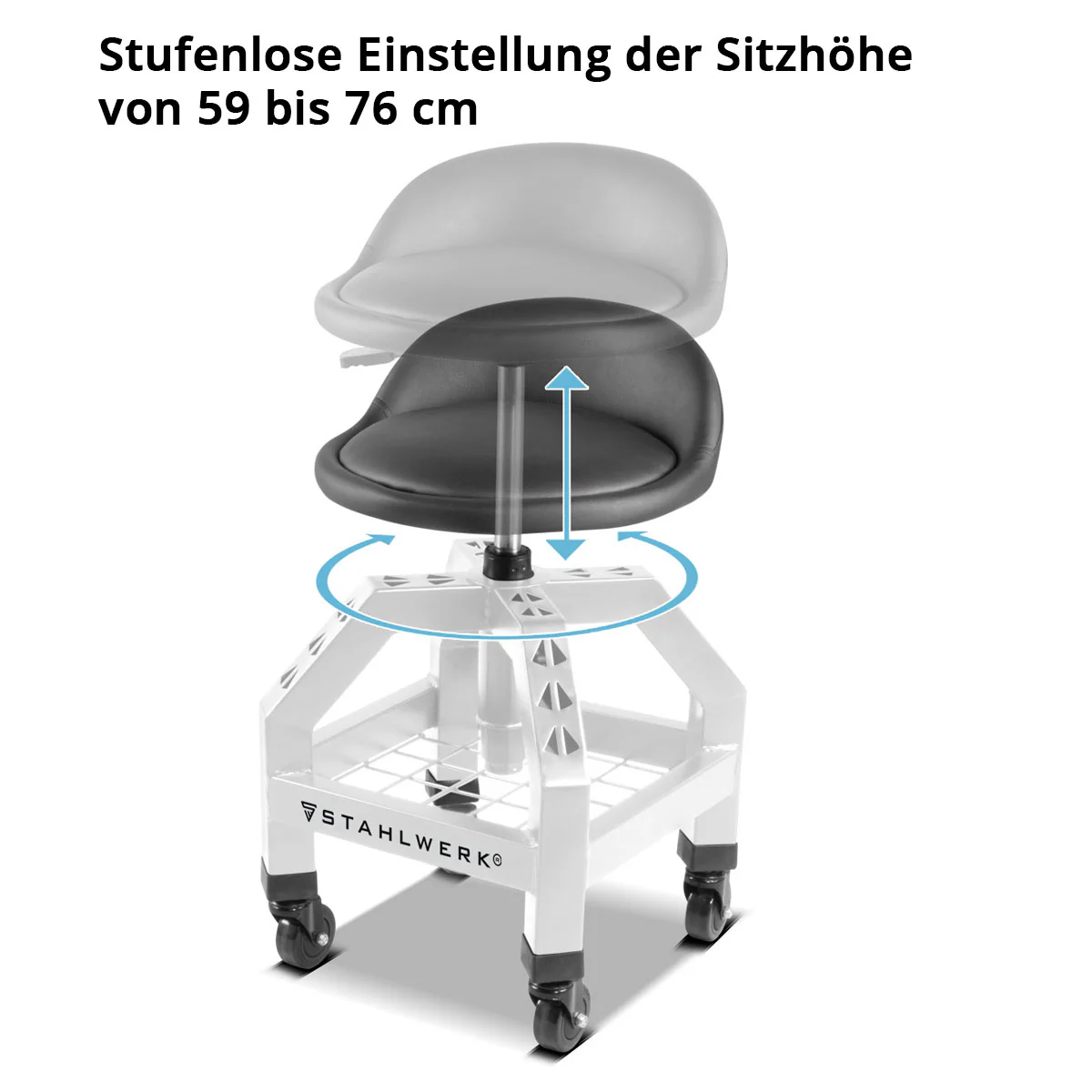 STAHLWERK Höhenverstellbarer Werkstatthocker VWH-300 ST mit großem Ablagefach, bis 136 kg belastbar, 59-76 cm Sitzhöhe, Rollsitz / Rollhocker mit kugelgelagerten Leichtlauf-Lenkrollen - Image 4