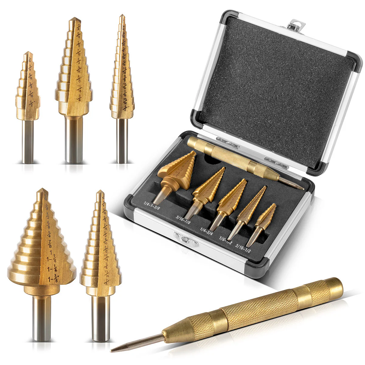 STAHLWERK HSS Stufenbohrer / Kegelbohrer Set 6 Teile mit TiN-Beschichtung, Senkbohrer / Metallbohrer zum präzisen Bohren von legierten und nicht legierten Stählen inklusive Automatik-Körner und Aluminiumkoffer