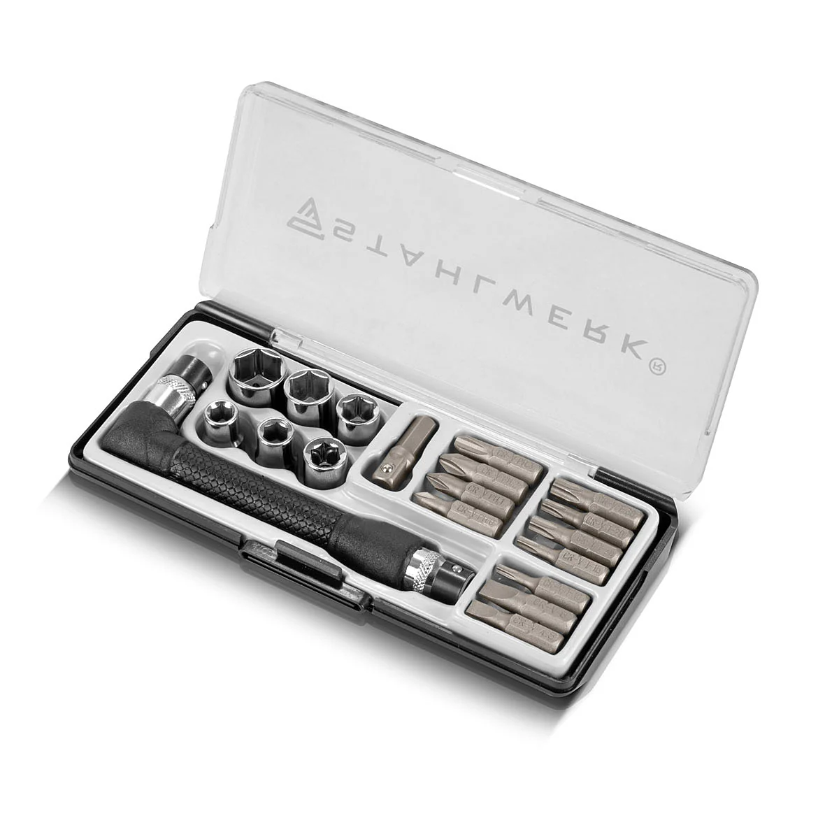 STAHLWERK 19-teiliges Winkelschraubendreher-Bit-Set 1/4 Zoll mit Bits und Stecknüssen aus Chrom-Vanadium, beidseitig verwendbar, L-Form Schraubendreher | Schraubenzieher | Steckschlüssel Set - Image 3
