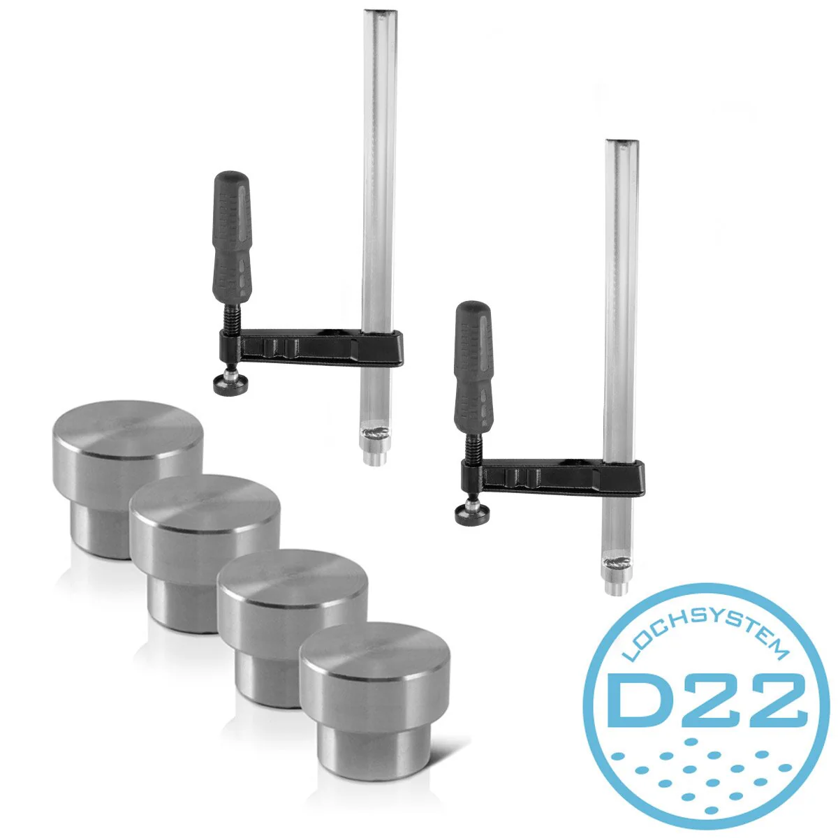 STAHLWERK Schweißtisch-Zubehör-Basic-Set Hochwertige Spann- und Fixierhilfen für D22 Lochsystem mit 2 Schraubzwingen und 4 Spannbolzen