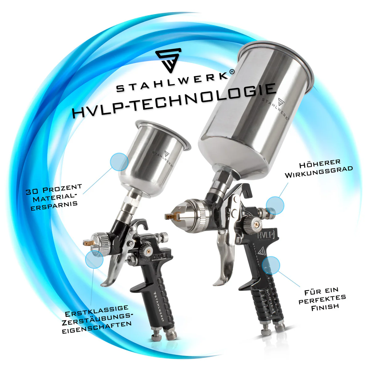 STAHLWERK HVLP Lackierpistolen Set SGS-1125 ST 21 Teile mit 3 Druckluft Lackierpistolen, 0,8 / 1,4 / 1,7 mm Düsensatz, Lackierpistolen-Halter, 3 Fließbechern, Luftdruckregler, Aluminium-Koffer uvm Professioneller Lackiersatz / Spritzpistole / Sprühpistole - Image 5