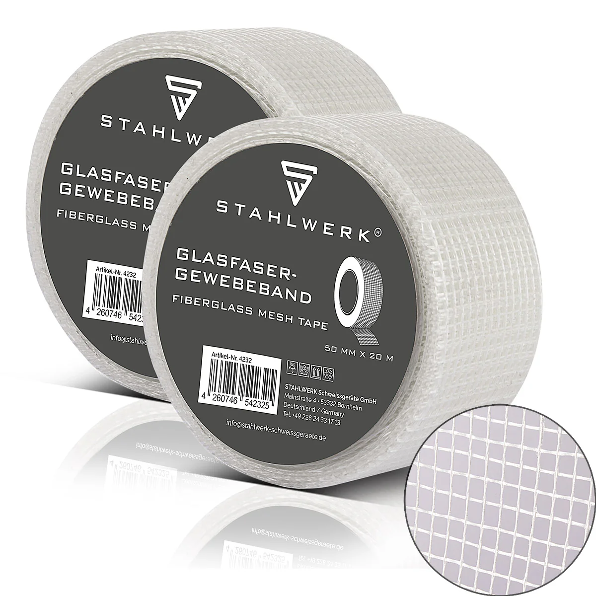 STAHLWERK Glasfaser-Gewebeband 2er Set 20 m x 50 mm, selbstklebendes Trockenbau Fugenband / Fugendeckstreifen / Bewehrungsstreifen mit Gitternetzstruktur für Spachtelarbeiten