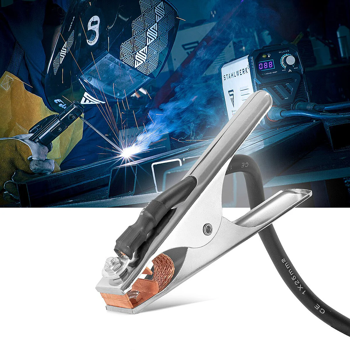 STAHLWERK Massezange bis 300 A Masseklemme | Erdungsklemme inklusive 3 m Schweißkabel | Massekabel mit 25 mm² und 9 mm Stecker - Image 7