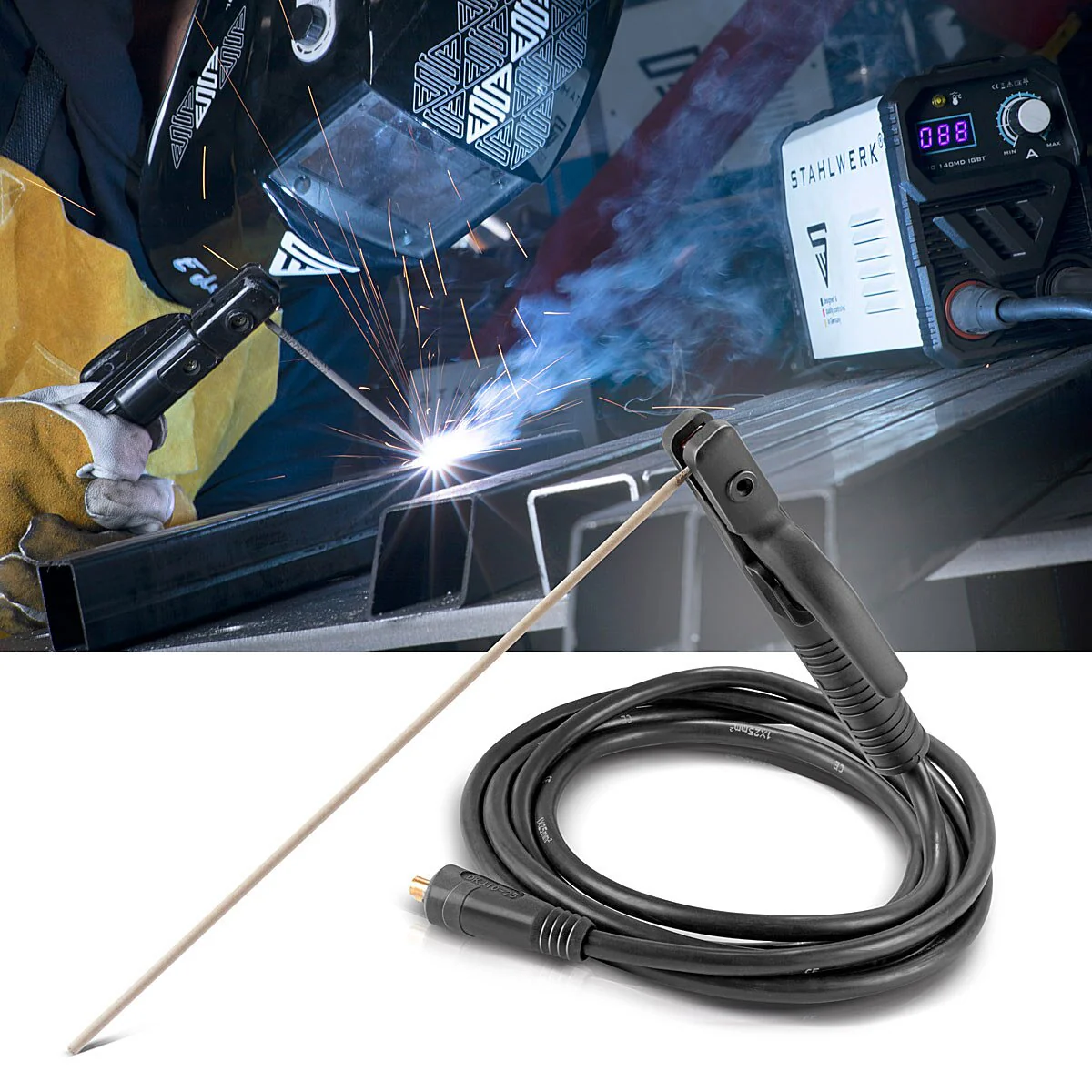 STAHLWERK MMA | ARC Elektrodenhalter bis 200 A Schweißzange | Elektrodenzange | Elektrodenklemme für Schweißgeräte inklusive 3 m Schweißkabel aus reinem Kupfer mit 25 mm² und 9 mm Stecker - Image 6