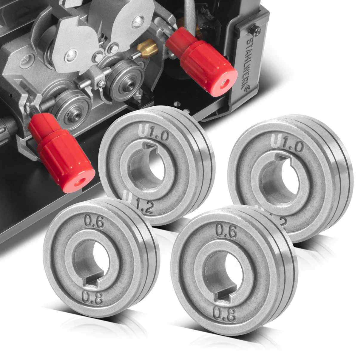 STAHLWERK 4er Set Drahtführungsrolle / Drahtvorschubrolle mit 0,6 / 0,8 mm V-Profil und 1,0 / 1,2 mm U-Profil zum Schweißen von Aluminium, Fülldraht und Massivdraht mit MIG MAG Schweißgeräten - Image 6