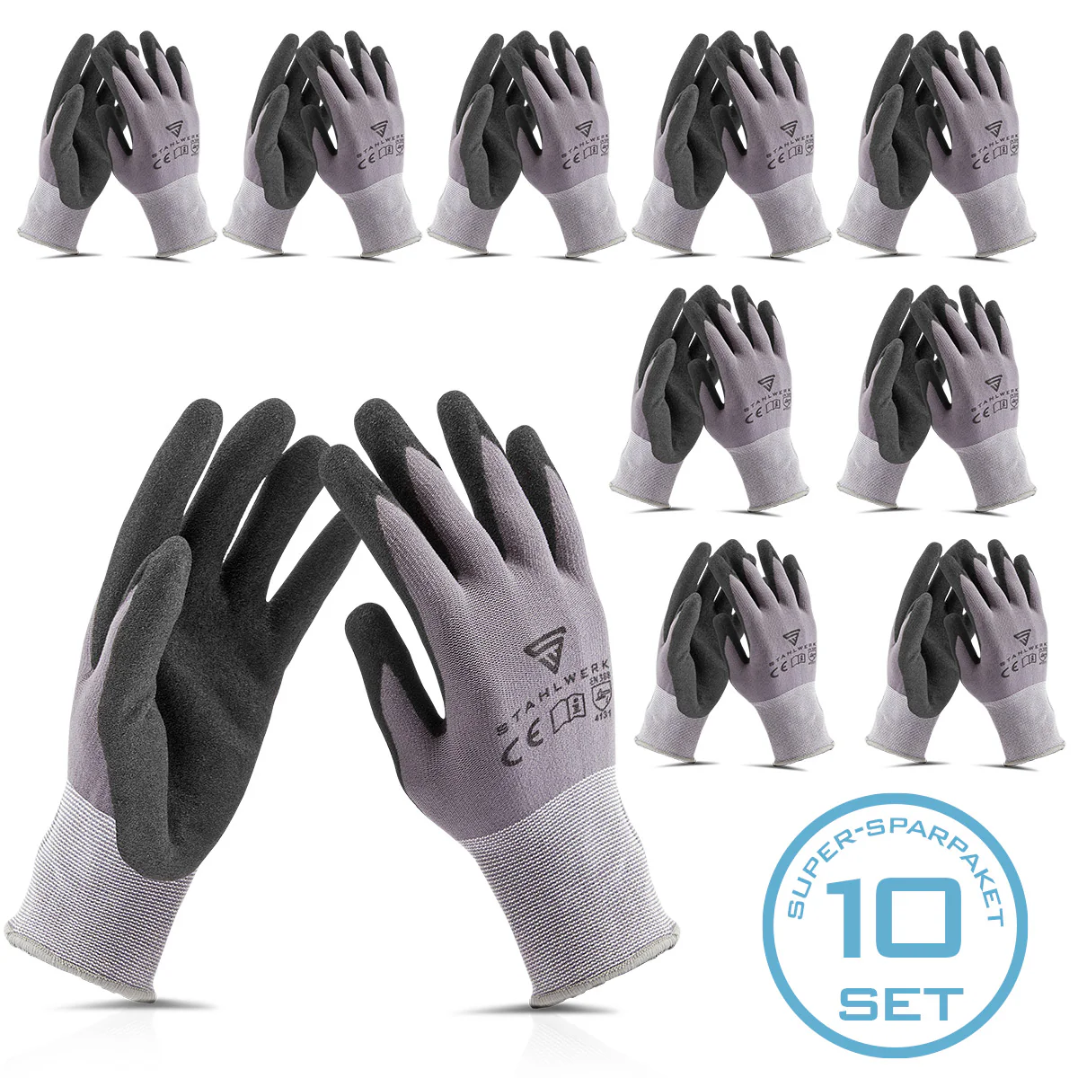 STAHLWERK Arbeits- und Montagehandschuhe Größe XL 10er Pack / Schutzkleidung / robust und strapazierfähig aus Nitrilkautschuk