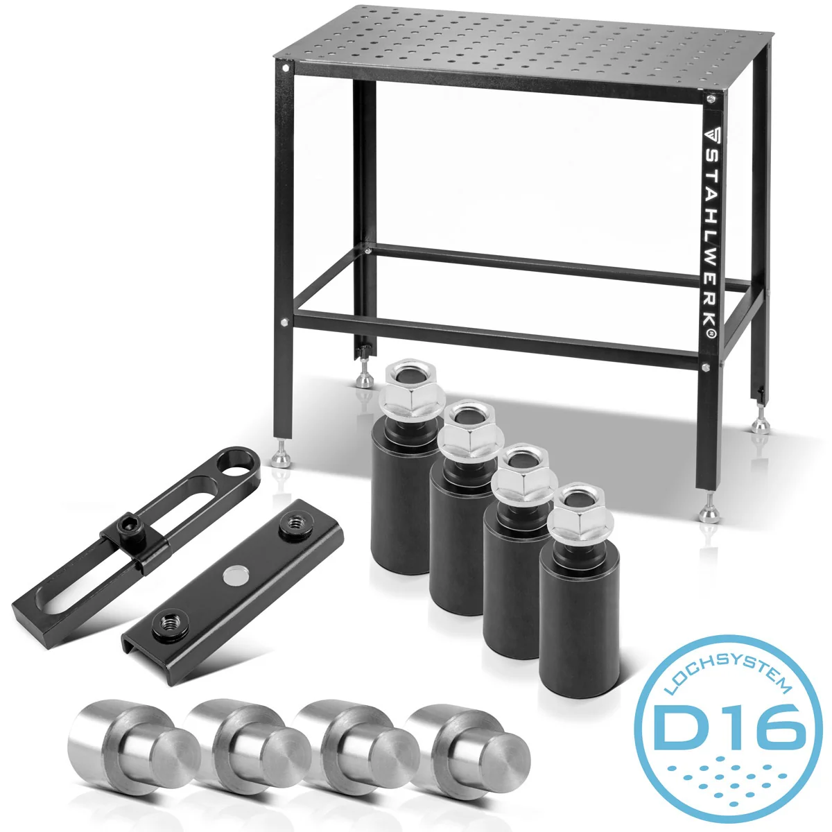 STAHLWERK Schweißtisch Set, Montagetisch mit D16 Lochsystem und 3 mm Arbeitsplatte als DIY-Bausatz im 12-teiligen Set mit Variablem Anschlag, Anschlagbolzen mit Abhebesicherung, Spannbolzen - Image 3