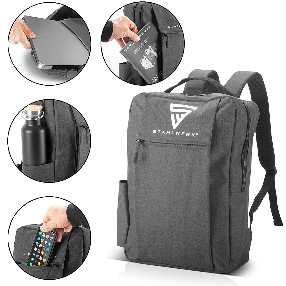 STAHLWERK Multifunktionaler Laptoprucksack | Notebookrucksack | Rucksack aus robustem Polyester, Arbeitsrucksack mit gepolstertem 15,6" Laptopfach und vielen Staufächern