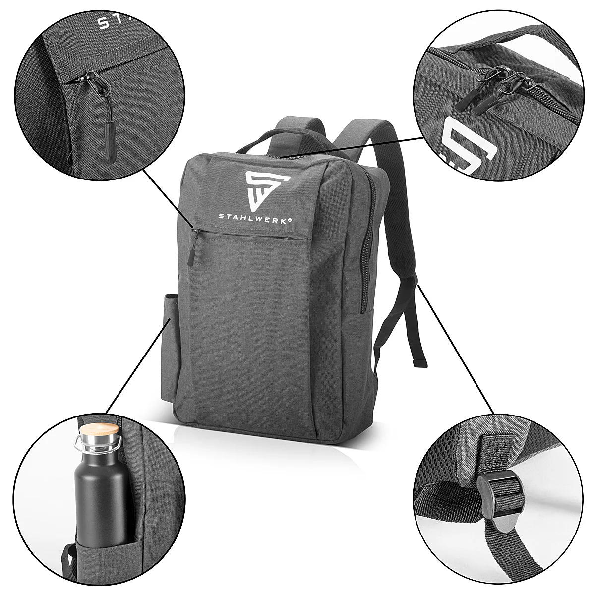 STAHLWERK Multifunktionaler Laptoprucksack | Notebookrucksack | Rucksack aus robustem Polyester, Arbeitsrucksack mit gepolstertem 15,6" Laptopfach und vielen Staufächern - Image 7