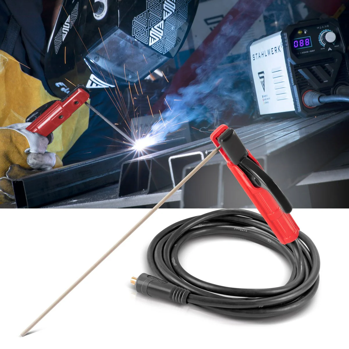 STAHLWERK MMA | ARC Elektrodenhalter bis 200 A Schweißzange | Elektrodenzange | Elektrodenklemme für Schweißgeräte inklusive 8 m Schweißkabel aus reinem Kupfer mit 25 mm² und 9 mm Stecker - Image 6