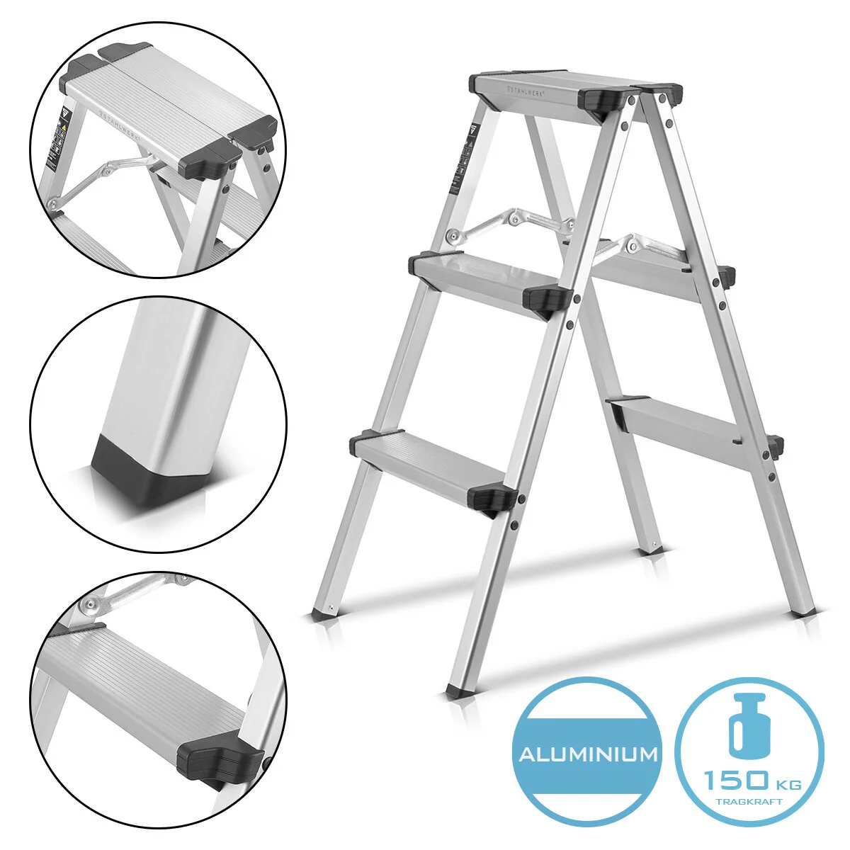 STAHLWERK Alu-Trittleiter ALT-150 ST bis 150 kg, 3 Stufen, Standhöhe 72 cm, Aluminium-Leiter | Klappleiter | Klapptritt | Mehrzweckleiter | Stehleiter mit rutschfesten Sprossen