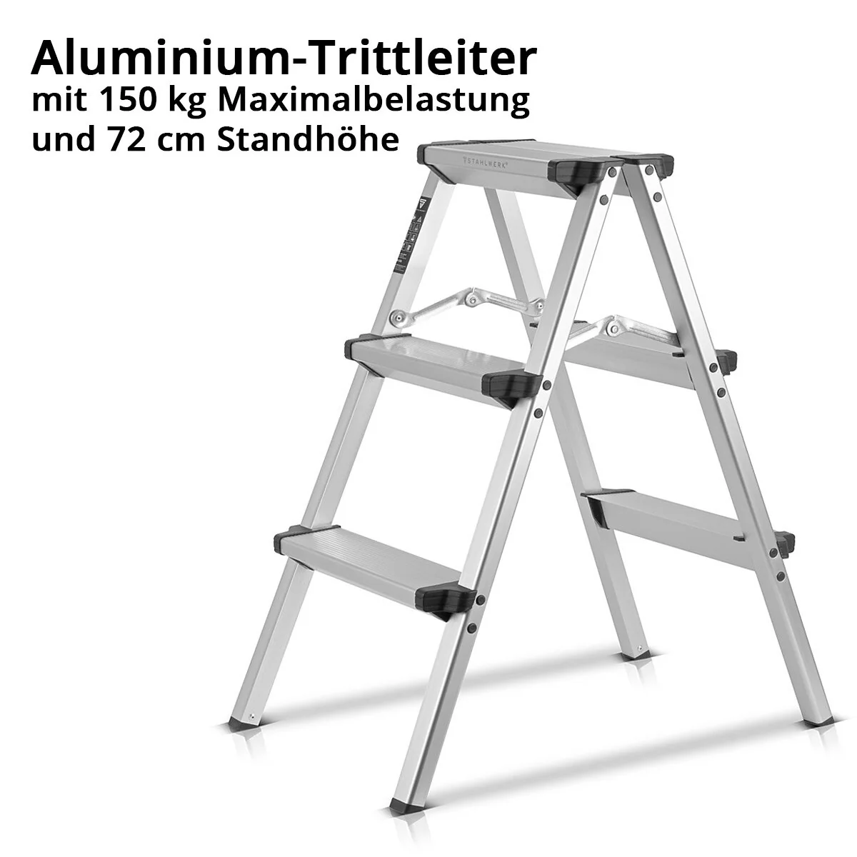 STAHLWERK Alu-Trittleiter ALT-150 ST bis 150 kg, 3 Stufen, Standhöhe 72 cm, Aluminium-Leiter | Klappleiter | Klapptritt | Mehrzweckleiter | Stehleiter mit rutschfesten Sprossen - Image 2