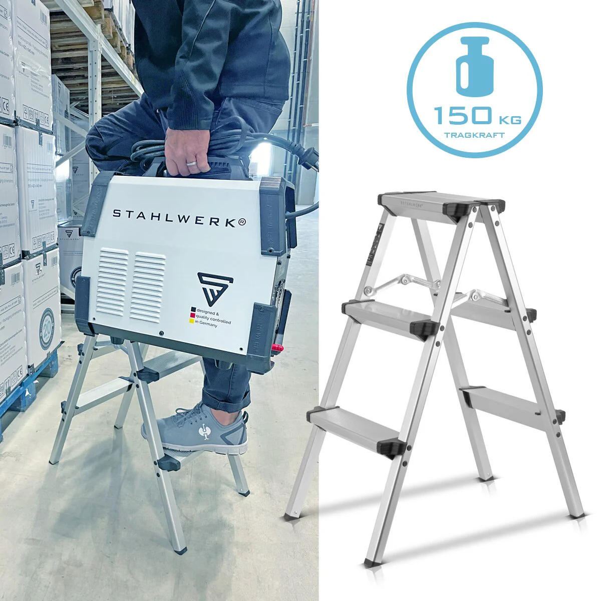 STAHLWERK Alu-Trittleiter ALT-150 ST bis 150 kg, 3 Stufen, Standhöhe 72 cm, Aluminium-Leiter | Klappleiter | Klapptritt | Mehrzweckleiter | Stehleiter mit rutschfesten Sprossen - Image 9