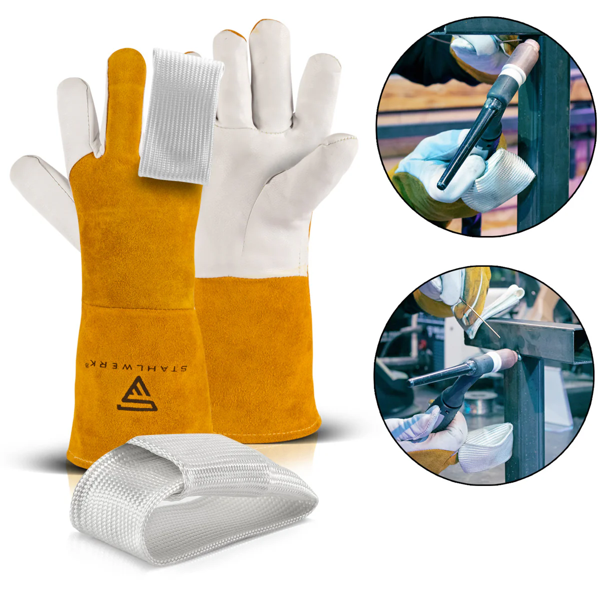 STAHLWERK Schweißerhandschuhe + WIG Finger Set, robuste und hitzebeständige Schutzhandschuhe aus Echtleder inklusive Hitzeschutz aus Kevlargewebe für alle Schweiß- und Schneidarbeiten
