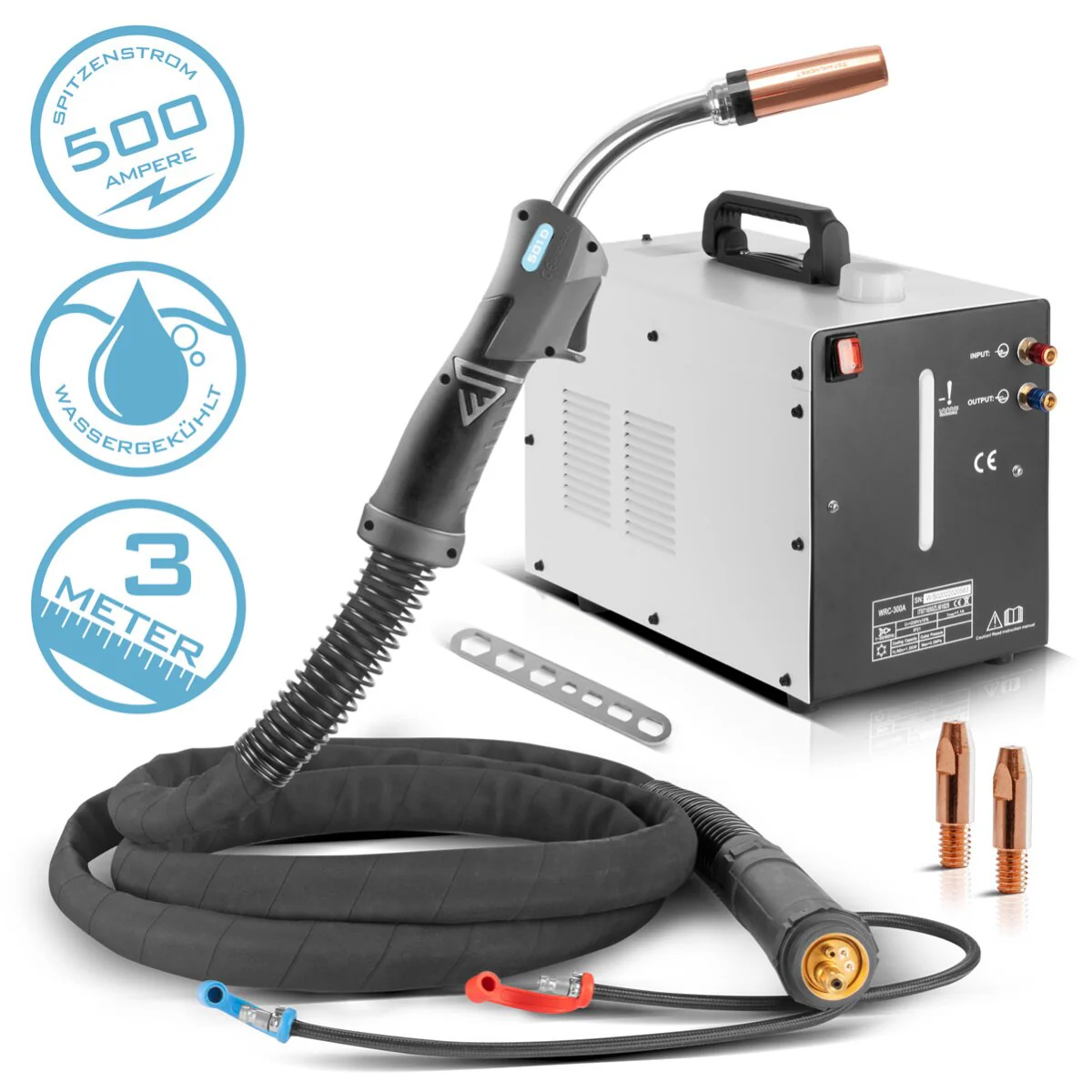 STAHLWERK Wassergekühlter MIG MAG Schweißbrenner AK501D | MB501D bis 500 A mit 3 m Schutzgas-Schlauchpaket und Eurozentralanschluss inklusive Wasserkühler mit 370 W und 6 L Tank