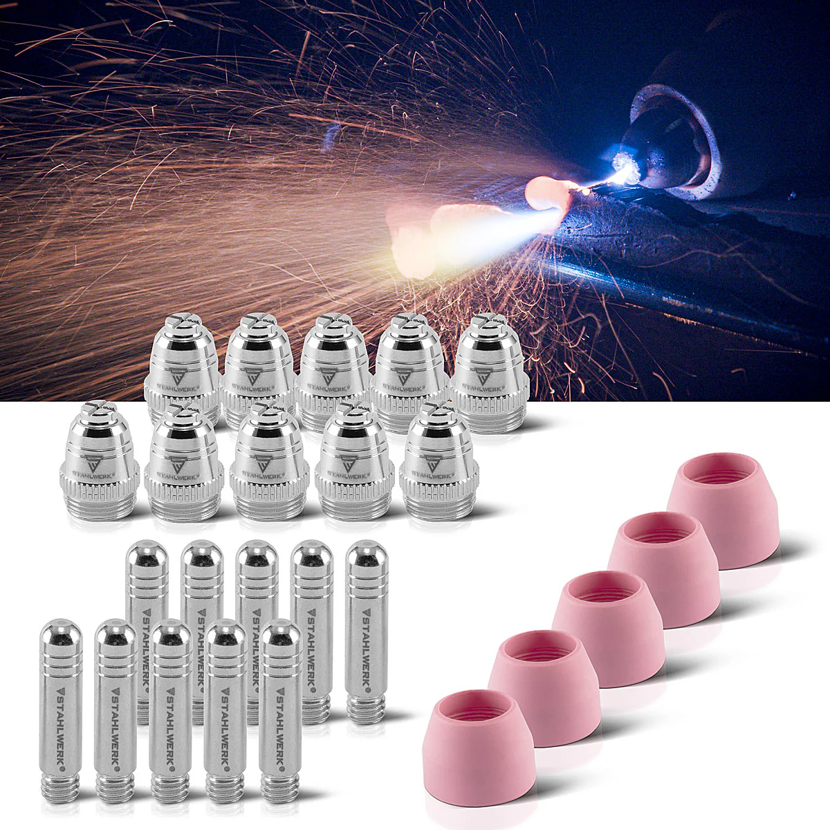 STAHLWERK AG-60 Plasmazubehör Set 25-teilig, Verschleißteile Plasmadüsen + Elektroden + Keramikkappen für AG-60 / SG-55 CUT Plasmaschneider-Brenner - Image 3
