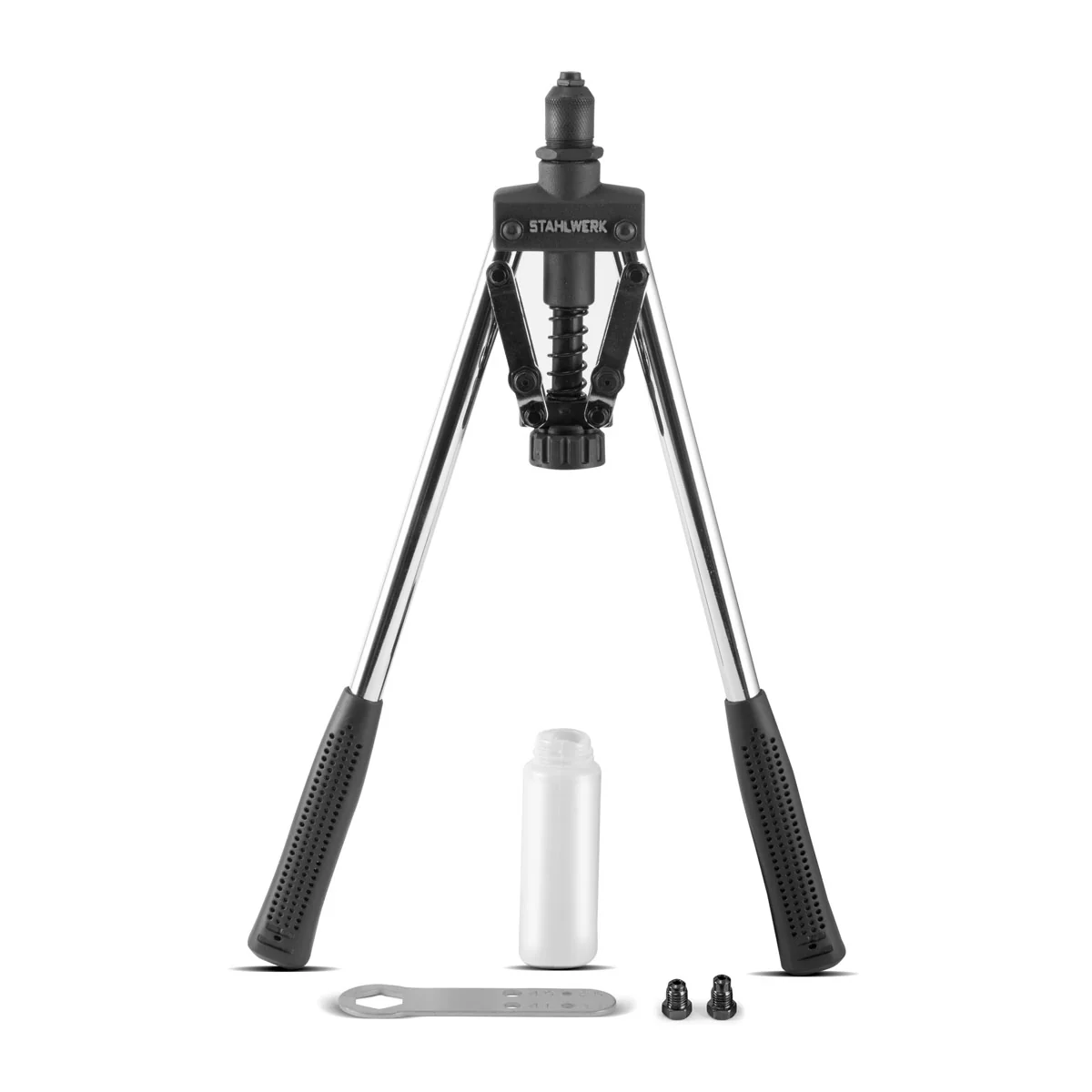 STAHLWERK HNZ-170 ST Robuste Hebel-Blindnietenzange / Nietzange aus vernickeltem Chrom-Molybdän Stahl im Set mit 100 Nieten und 3 Wechseleinsätzen - Image 5