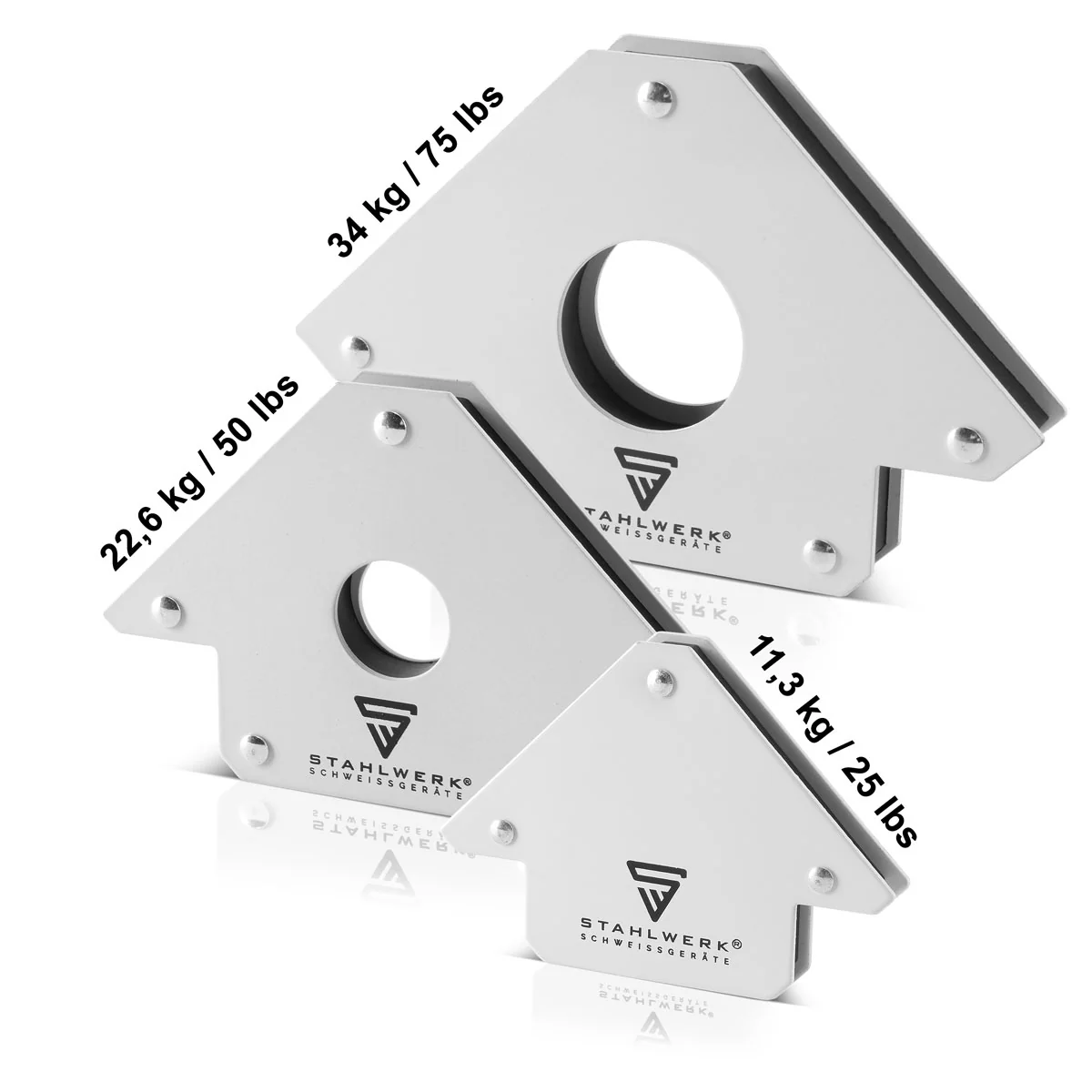 STAHLWERK 3 × Magnetwinkel Schweißwinkel 11,3 + 22,6 + 34 kg / 25 + 50 + 75 lbs
