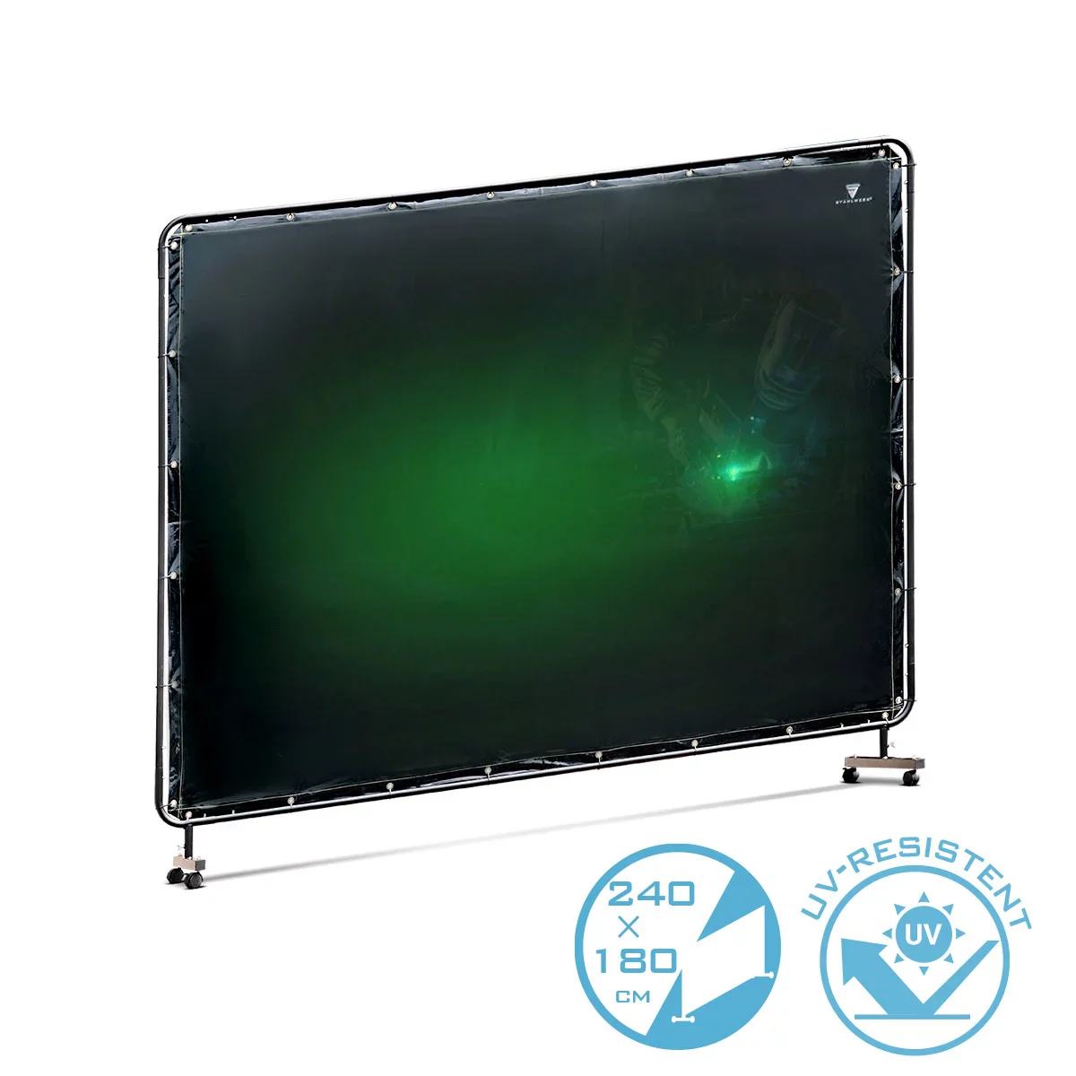STAHLWERK mobile Schweißerschutzwand 240 x 180 cm aus Stahl und UV-resistentem Vinyl-Kunststoff