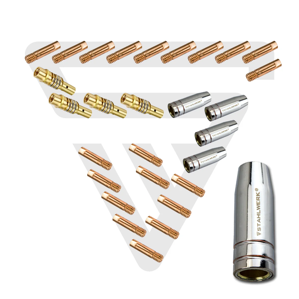 STAHLWERK MIG MAG AK15/MB15 AK14/MB14 Verschleißteile Set, 28-teiliges Original Schweißzubehör Set mit Gasdüsen, Düsenträgern und Stromdüsen für MIG MAG Schweißbrenner - Image 2
