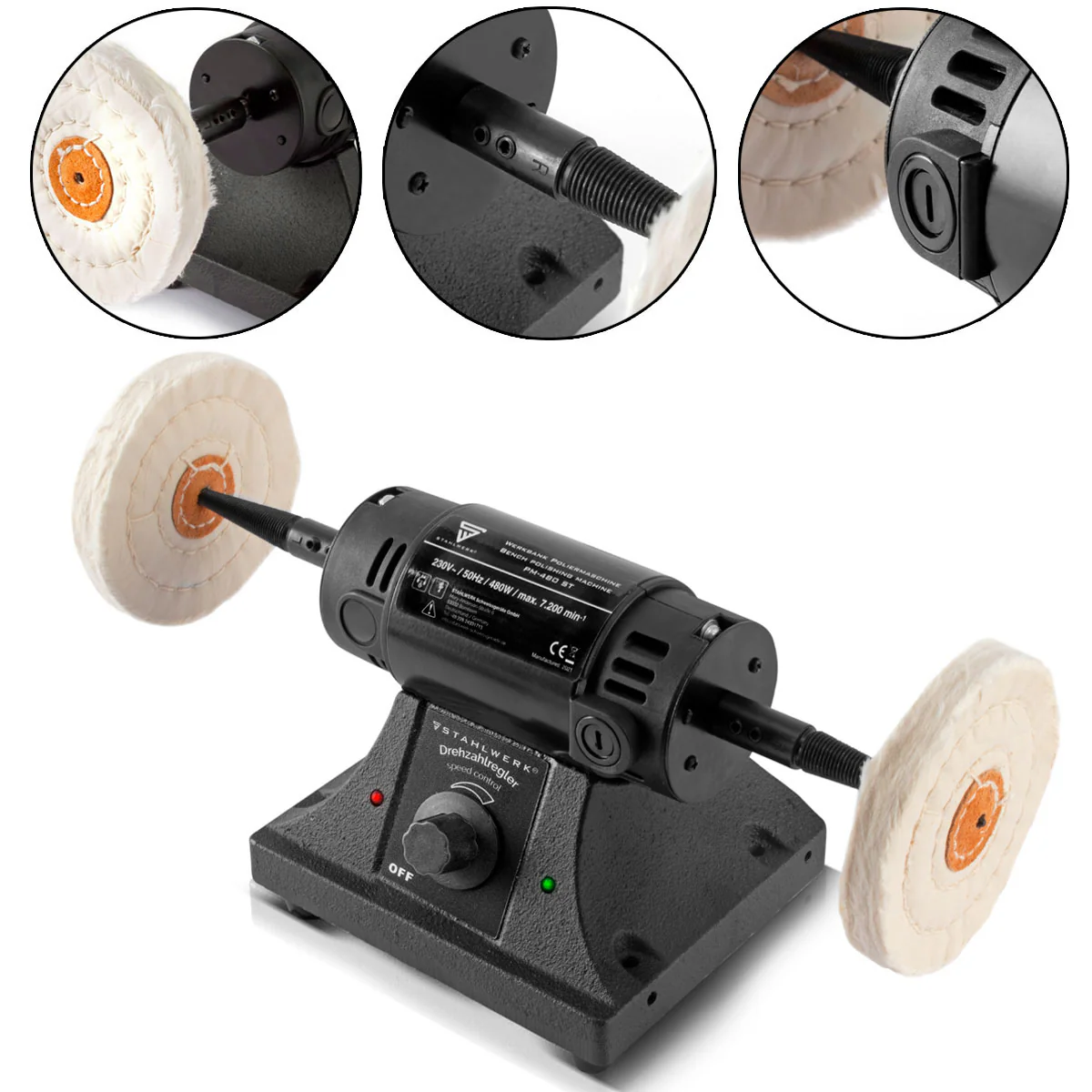 STAHLWERK PM-480 ST Werkbank Poliermaschine mit 480 Watt und 7.200 Umdrehungen pro Minute für Metall, Holz, Acryl und Kunststoff