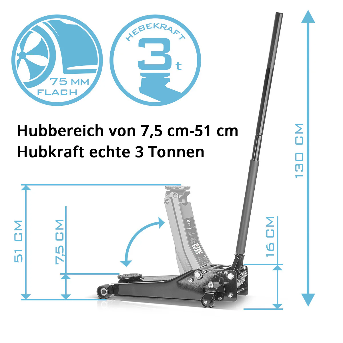STAHLWERK Hydraulischer Wagenheber WHF-30 ST mit 3 t Tragkraft und Doppelhubkolben, Hubbereich 75-510 mm extra flacher Rangierwagenheber | Autoheber für Kfz Reifenwechsel - Image 4
