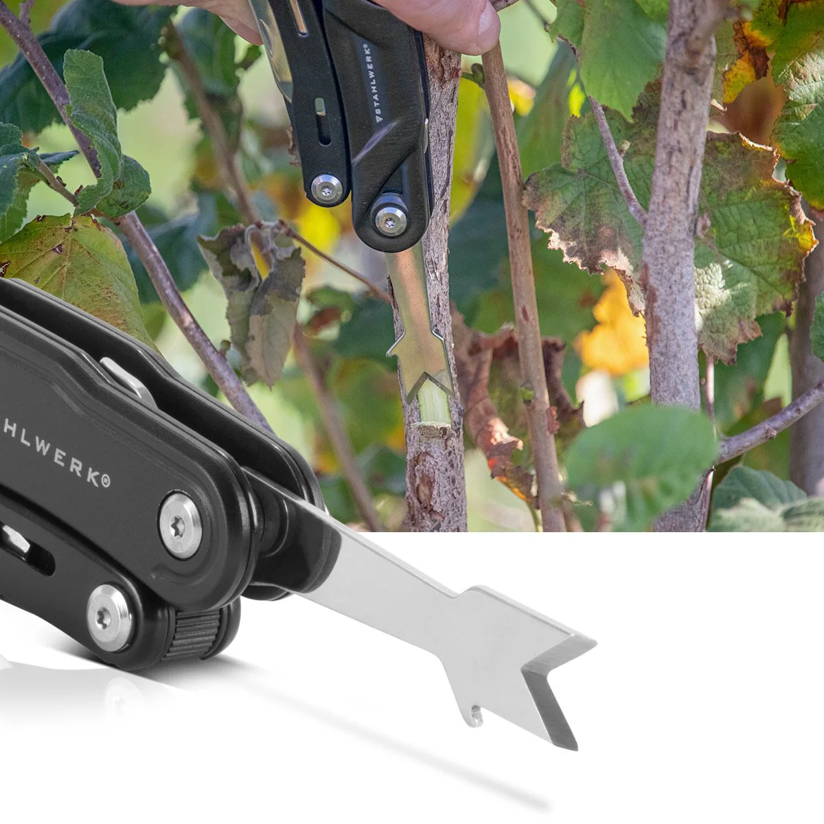 STAHLWERK Multitool mit 5 Werkzeugen, hochwertiges Taschenmesser / Klappmesser/ Multifunktionswerkzeug mit Gartenschere, Säge, Messer, Wurzelstecher und Öse - Image 10