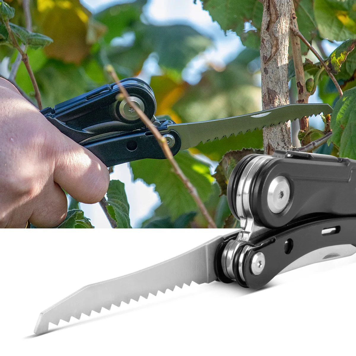 STAHLWERK Multitool mit 5 Werkzeugen, hochwertiges Taschenmesser / Klappmesser/ Multifunktionswerkzeug mit Gartenschere, Säge, Messer, Wurzelstecher und Öse - Image 11