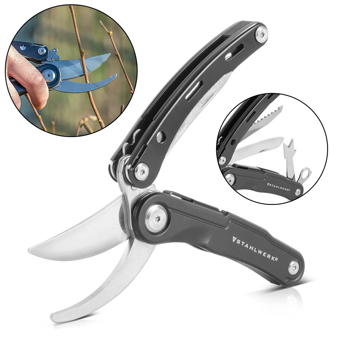 STAHLWERK Multitool mit 5 Werkzeugen, hochwertiges Taschenmesser / Klappmesser/ Multifunktionswerkzeug mit Gartenschere, Säge, Messer, Wurzelstecher und Öse - Image 2