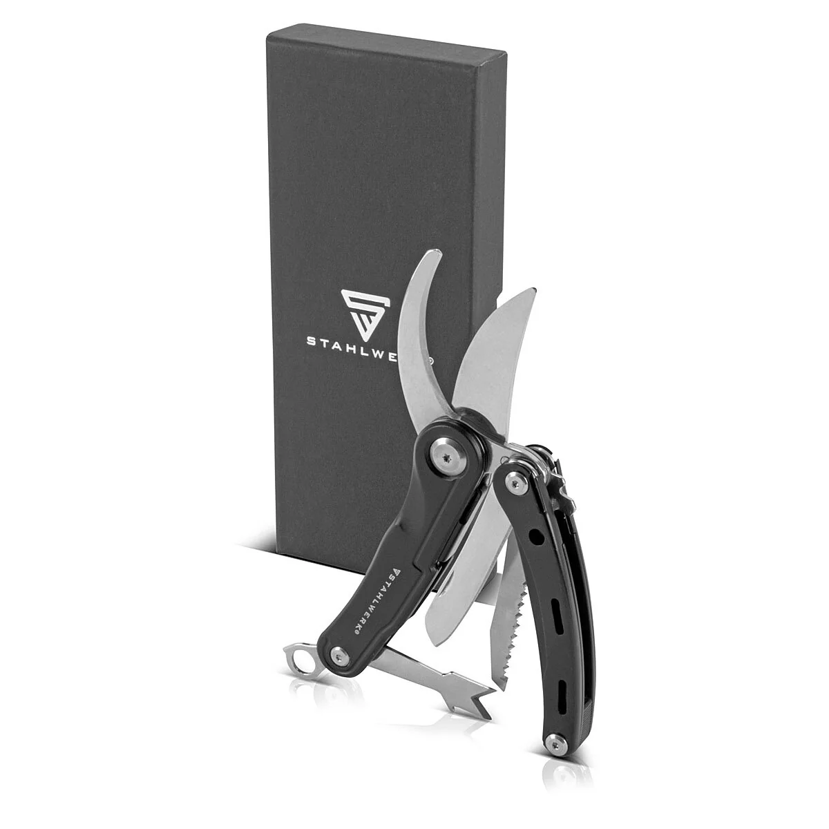 STAHLWERK Multitool mit 5 Werkzeugen, hochwertiges Taschenmesser / Klappmesser/ Multifunktionswerkzeug mit Gartenschere, Säge, Messer, Wurzelstecher und Öse - Image 3
