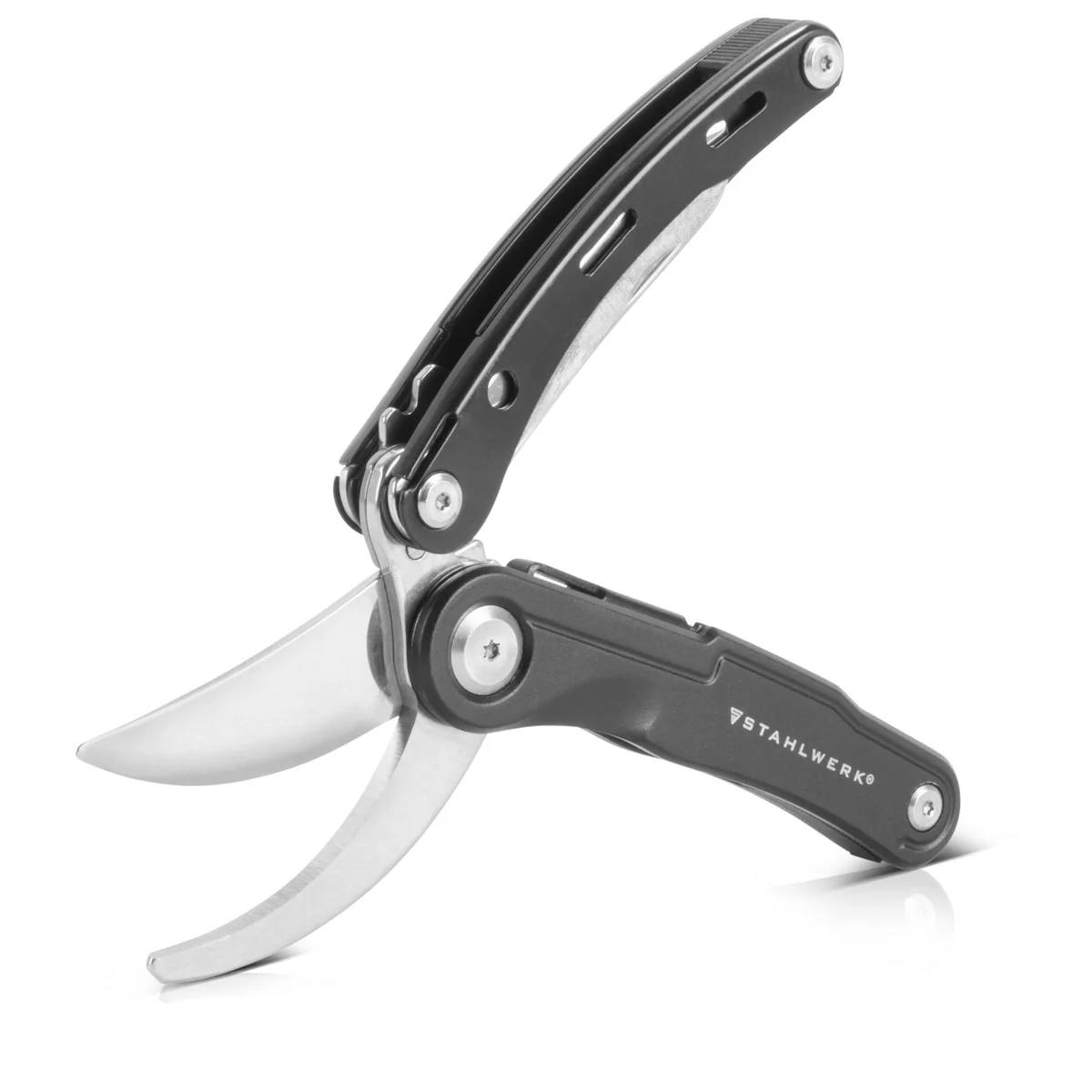 STAHLWERK Multitool mit 5 Werkzeugen, hochwertiges Taschenmesser / Klappmesser/ Multifunktionswerkzeug mit Gartenschere, Säge, Messer, Wurzelstecher und Öse - Image 4