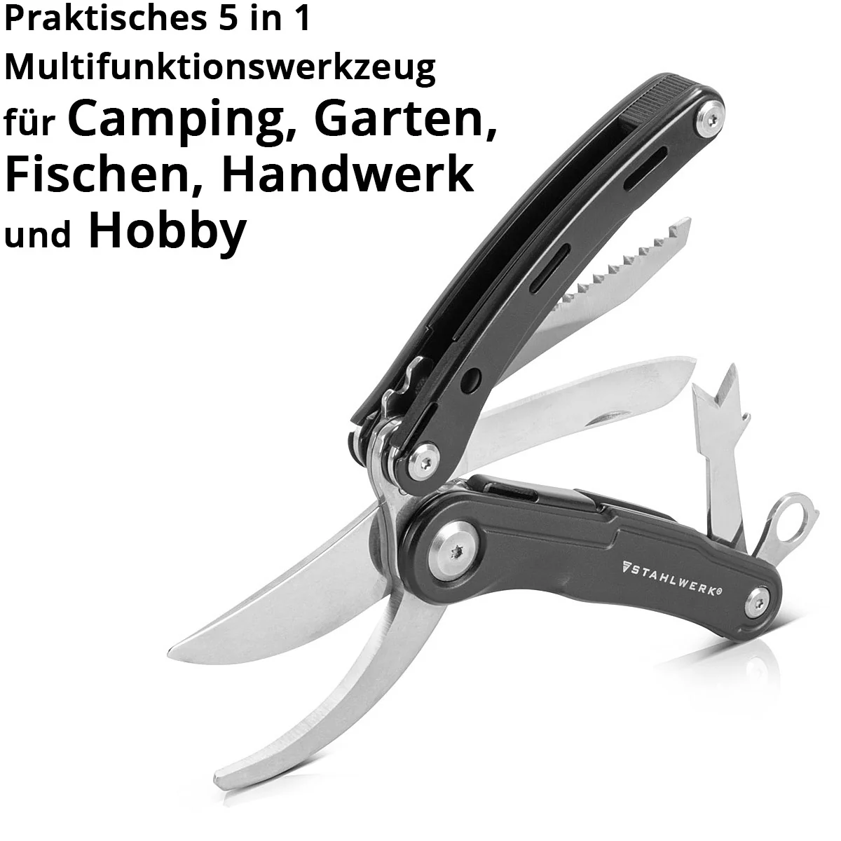 STAHLWERK Multitool mit 5 Werkzeugen, hochwertiges Taschenmesser / Klappmesser/ Multifunktionswerkzeug mit Gartenschere, Säge, Messer, Wurzelstecher und Öse - Image 5