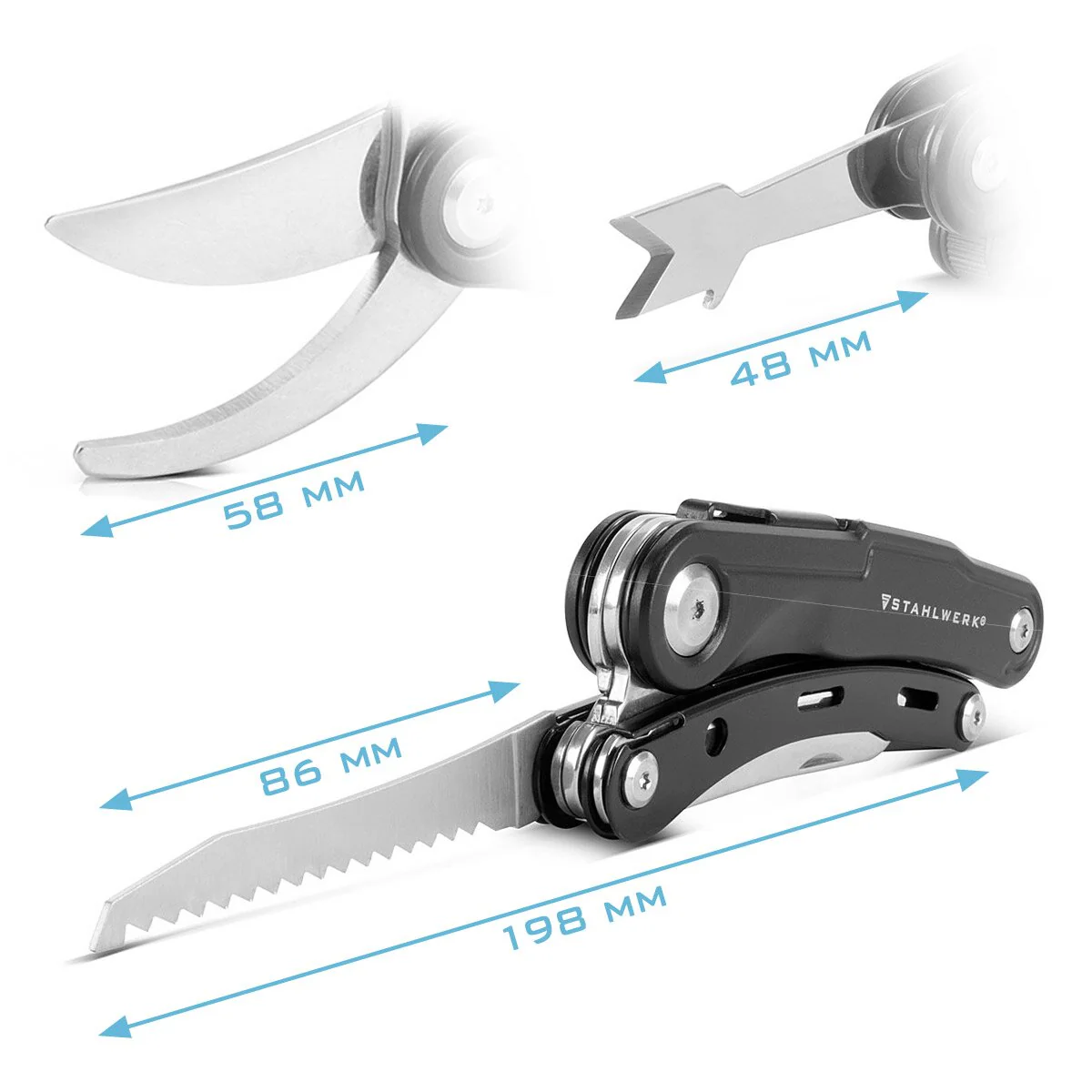 STAHLWERK Multitool mit 5 Werkzeugen, hochwertiges Taschenmesser / Klappmesser/ Multifunktionswerkzeug mit Gartenschere, Säge, Messer, Wurzelstecher und Öse - Image 7